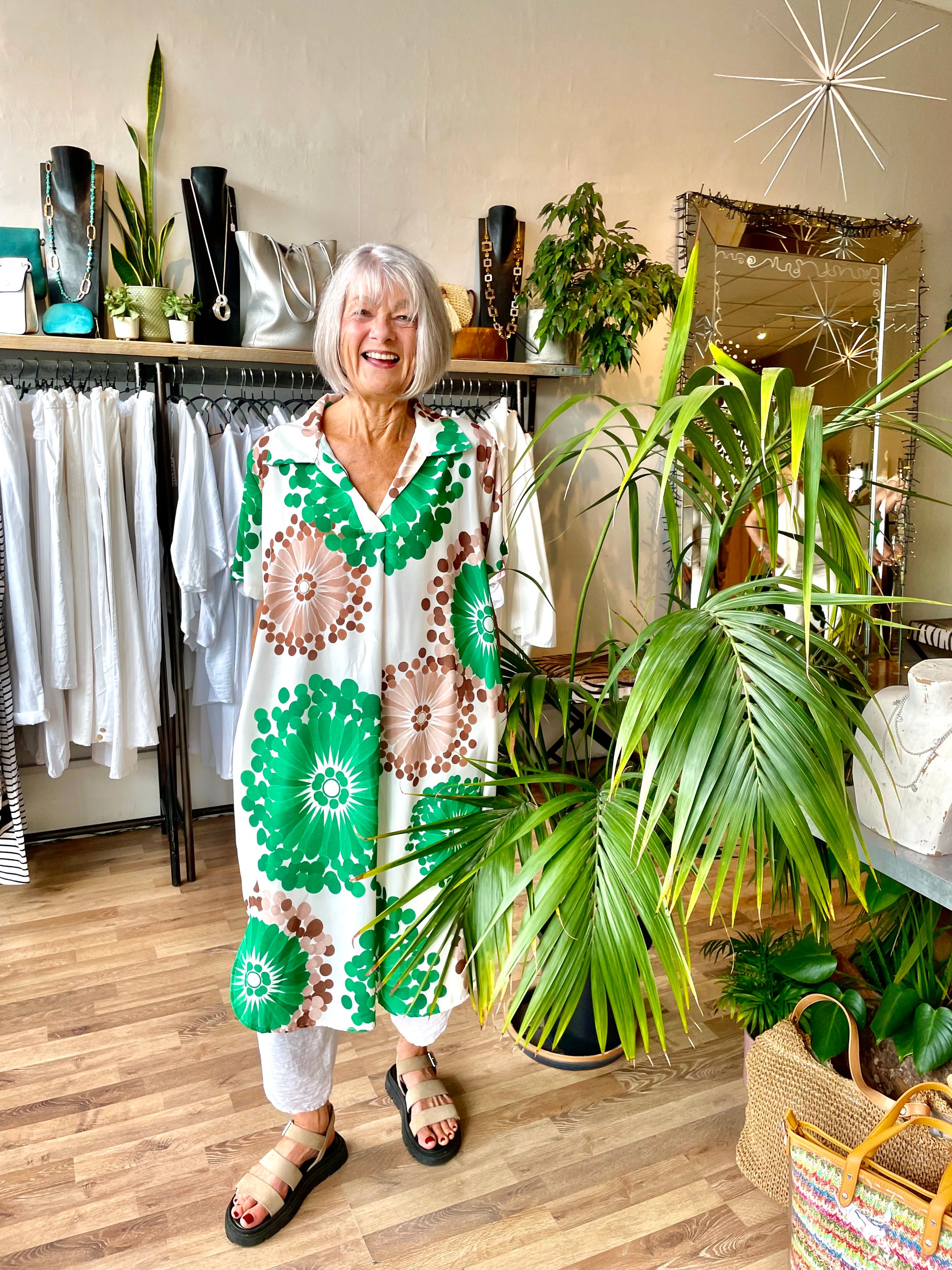 Green print tunic dress